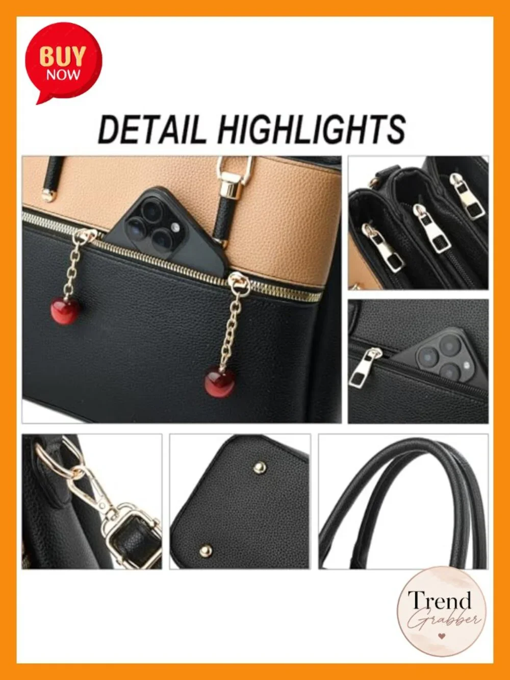 Dual-tone Tote Satchel with 3 Zip Compartments, Faux Leather